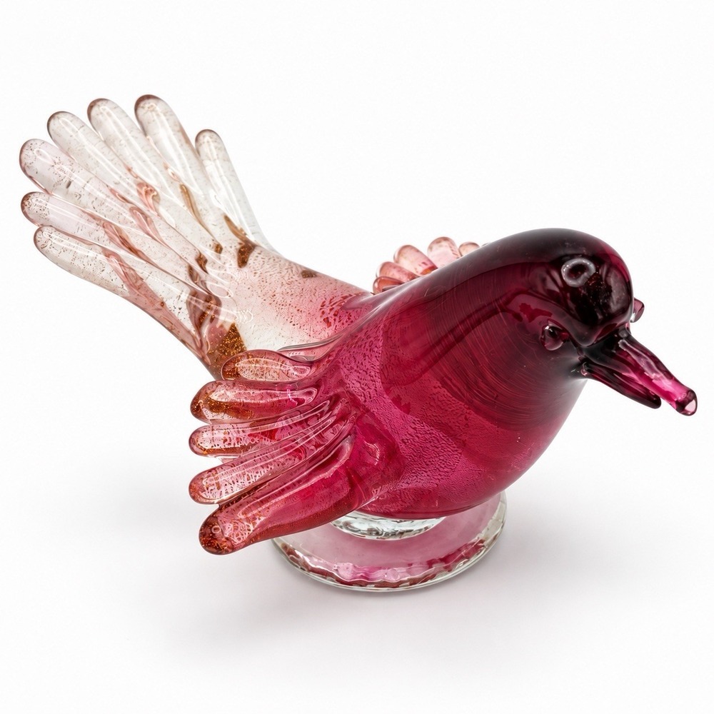 Vintage Murano Style Art Glass Bird Red Gold Fleck Aventurine Clear Tail